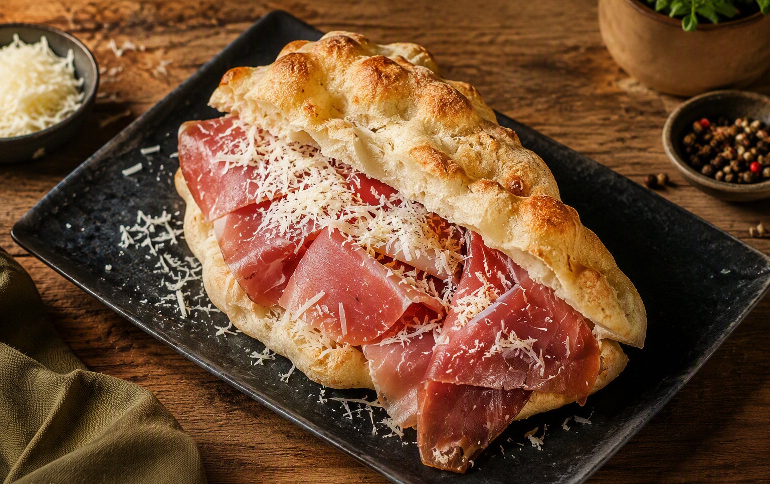 Focaccia con prosciutto crudo e scaglie di parmigiano